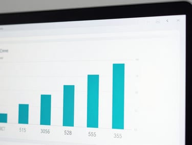 Macro shot of a clean analytics dashboard displaying growth metrics on a minimalist screen, bright high-key studio lighting, sharp shadows, 50mm