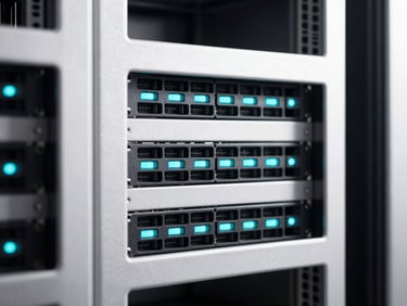 Close-up of a server rack with glowing cyan lights, symbolizing data processing, bright high-key studio lighting, sharp shadows, 50mm