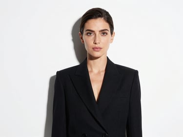 Professional editorial portrait of Noelia Sari in a structured, minimalist black suit, against a stark white background with sharp shadows, 50mm