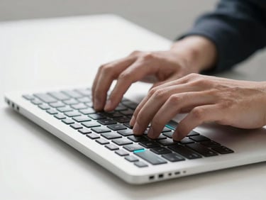 Close-up of hands typing on a sleek, minimalist keyboard in a high-end workspace, sharp architectural lines, bright high-key studio lighting, sharp shadows, 50mm