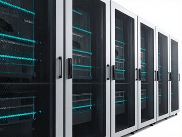 Abstract architectural lines of a modern data center, bathed in electric cyan light, high-contrast studio lighting, sharp shadows, 50mm