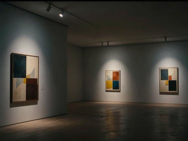 Cinematic film still of a modern gallery space with abstract art, dramatic spotlighting, high contrast, minimalist architectural lines