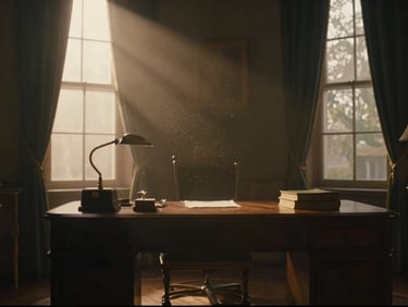 Cinematic film still of a vintage luxury study, warm golden-hour light streaming through high windows, dust motes in the air, moody shadows