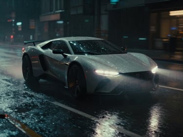 Cinematic film still of a futuristic vehicle speeding through a neon-lit rain-slicked street, rich dark shadows, shallow depth of field