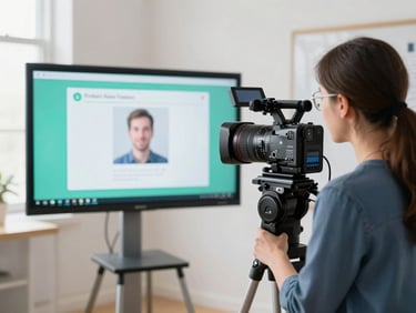 A teacher recording an innovative digital learning module in a bright studio, professional camera setup visible, 35mm lens