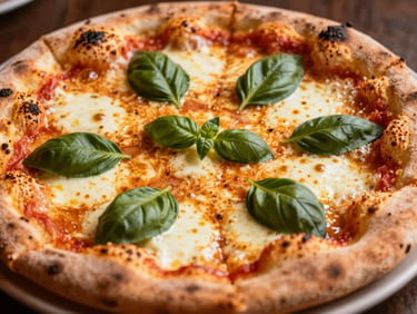 Close-up of a fresh wood-fired pizza with bubbling mozzarella and fresh basil leaves, warm lighting, shallow depth of field