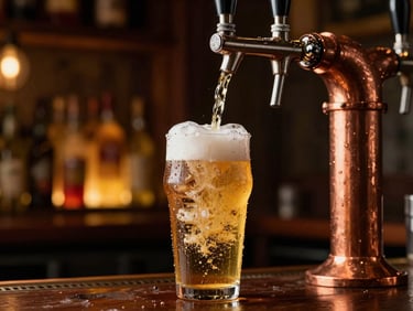 Ice-cold draft beer being poured from a copper tap with condensation dripping, glowing bar background