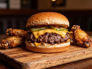 Gourmet beef burger with melted cheese and crispy wings on a wooden board, tavern background