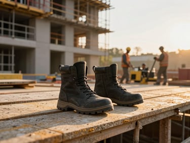 Wide shot of a building site at golden hour — branded workwear boots on scaffold planking in the foreground, blurred construction activity behind, warm late-afternoon daylight raking across the scene