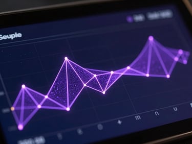 Macro shot of clean digital dashboard with glowing purple node graphs on a dark screen