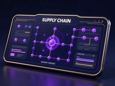 Sleek 3D render of a futuristic digital dashboard showing automated supply chain logistics, dark space-blue background, glowing purple nodes and gold lines.