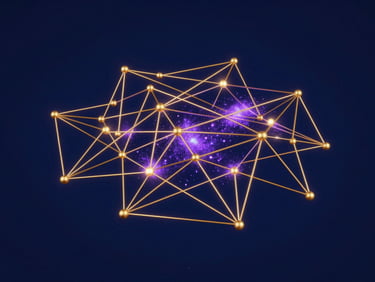 Sleek 3D render of abstract gold network connections on deep space-blue background