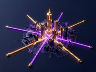Sleek 3D render of a futuristic city map with glowing gold and purple route vectors, dark space-blue background, clean tech aesthetic.