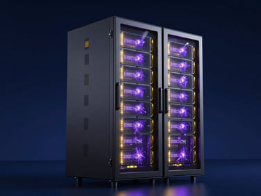 Futuristic clean tech server rack with glowing gold and purple diagnostic lights