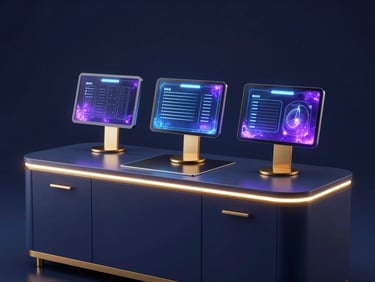 Sleek 3D render of a futuristic clean kitchen workstation with glowing holographic order monitors, dark space-blue, gold accents.