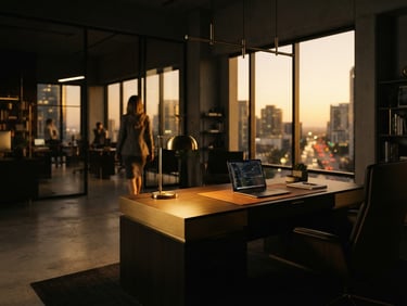 Wide shot of a modern, sophisticated office interior at golden hour, deep shadows, brushed gold accents on a desk, a blurred professional in the background, cinematic framing.