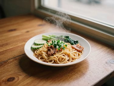 A steaming plate of local Malaysian noodles with fresh ingredients on a mid-century wooden table