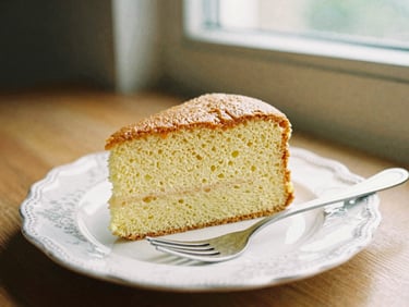 A slice of classic pandan chiffon cake on a vintage patterned plate, fork resting beside it