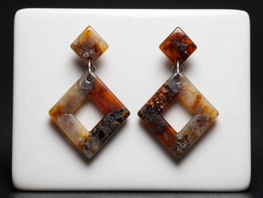 Pair of geometric resin earrings arranged symmetrically on a white ceramic tile, controlled overhead studio light showing colour depth and post detail