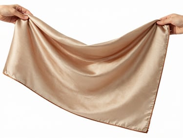 Hand holding a silk scarf mid-drape against a white background, controlled studio light showing the weave sheen and printed edge detail