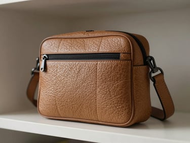 Close-up of a small crossbody bag in textured vegan leather resting on a white shelf, studio light from the left highlighting the quilted pattern and zip pull
