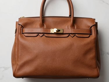 Close overhead flat-lay of a structured leather tote bag on a white marble surface, bright studio fill light revealing grain and stitching detail, hardware clasp in sharp focus