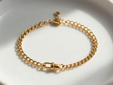 Tight studio shot of a delicate gold-tone chain bracelet resting on a white ceramic surface, north-facing daylight catching the link texture and clasp mechanism