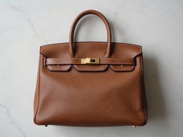 Overhead flat-lay of a structured leather handbag on white marble surface, soft north-facing studio light revealing stitching detail and hardware texture, tight framing showing clasp and handle attachment points