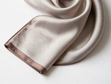 Overhead arrangement of a folded silk scarf on clean white surface, studio light catching the weave texture and sheen, corners deliberately unfolded to reveal drape quality and pattern edge