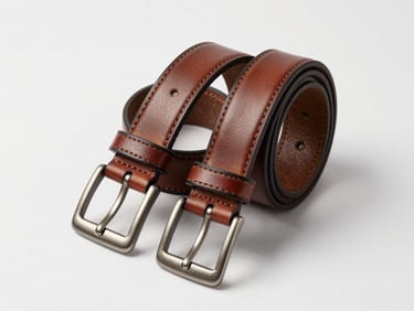 Flat-lay of two leather belts coiled on white surface, controlled overhead studio light showing buckle hardware finish and edge stitching detail, neutral background with clean shadows