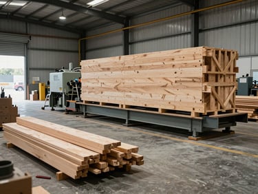Wide shot of an on-site crating operation inside an industrial warehouse, lumber and tools laid out on concrete floor next to a large unpackaged machine, even ambient light, no people posing
