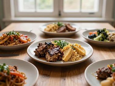 Freshly plated regional lunch dish, vibrant colors, ceramic tableware, natural window light, overhead flat-lay.