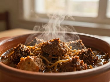 Rich, slow-simmered heritage dinner dish in a terracotta bowl, steam rising, warm golden-hour tones, close-up food texture.