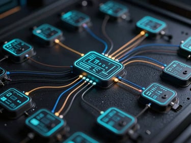 Diagrama técnico de una red de sensores integrados en un espacio arquitectónico, con líneas de conexión brillantes y puntos de datos, en tonos oscuros con acentos de neón.