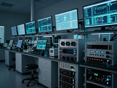 Wide shot of a modern laboratory space, specialized hardware racks, large screens displaying data, subtle neon cyan lighting, clean and organized.