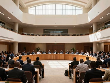Environmental wide shot of an African conference venue interior, high ceilings, delegates seated in committee formation, daylight from clerestory windows, architectural scale