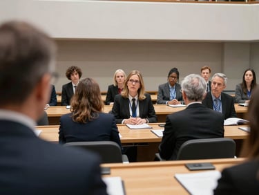 Over-shoulder framing of a delegate speaking in a mid-sized committee room, other delegates listening with notepads, neutral daylight, architectural interior