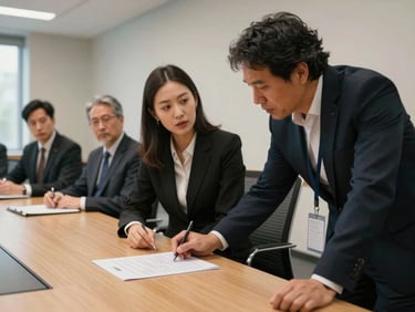 Wide shot of an advisor leaning across a conference table toward a delegate, both looking at a printed agenda sheet under diffused daylight, other delegates visible in the background seated in committee formation, neutral institutional interior