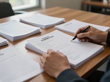 Close-up of hands sorting through printed committee agendas and position paper packets on a wooden conference table, natural window light from the side