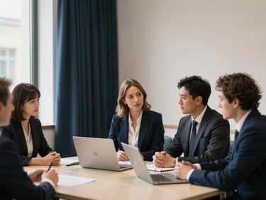 Focused collaborative session in a high-end architectural office space, soft daylight, elegant corporate atmosphere.