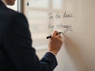 Close-up of hands writing key strategic notes on a clean whiteboard, soft natural window light, deep navy tones, editorial framing.