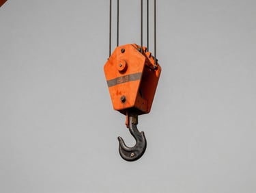 Industrial documentary photography, close-up of a heavy crane rigging hook with steel cables, hard direct daylight, high-contrast desaturated tones with vivid safety-orange accents, 35mm lens.