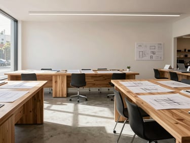 Bright architectural photography of a modern design studio interior, clean concrete floors, warm wooden desks, architectural drawings laid out under soft morning light.