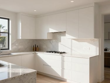 A bright modern kitchen remodel with clean quartz countertops and custom cabinetry, soft morning light