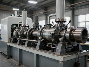 Wide shot of a large industrial machine in a factory setting, focus on complex mechanical components, sharp clean garage lighting, metallic tones.