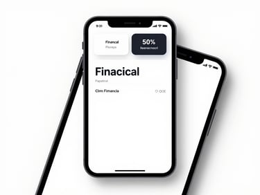 Clean flat-lay capture of a financial mobile app dashboard on a white background, minimalist interface, high contrast typography, daylight simulation