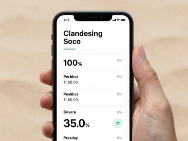 Front-on high-fidelity mobile app screen capture showing a clean financial dashboard with technical typography and soft sand accents, daylight simulation
