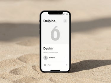 Front-on clean device mockup displaying a highly interactive mobile app interface with minimalist typography, soft diffused natural daylight casting subtle shadows on a warm sand surface.