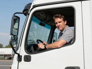 Crisp editorial portrait of an HGV driver in the cab checking mirrors, bright natural daylight, clean high-contrast tones, 35mm