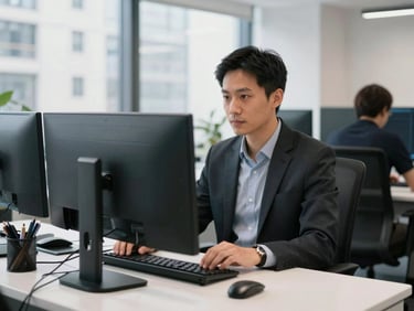 An IT specialist at a modern dual-monitor workstation in a brightly lit London office, sharp focus, 35mm